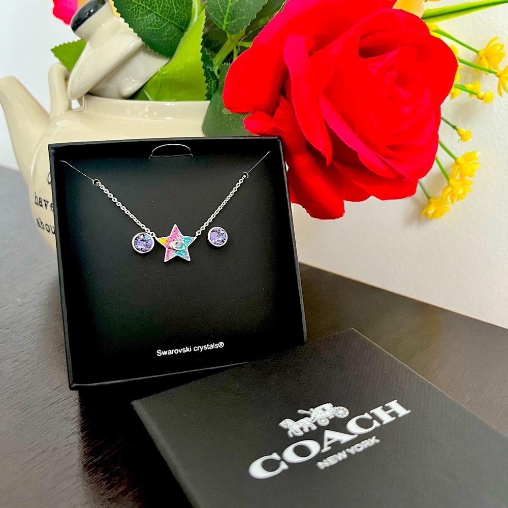 NWT Coach Star Crystal Necklace and Stud Earrings Set, 16" + 2" extender